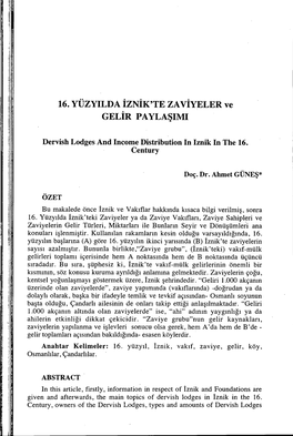 16.Yüzyılda İZNİK'te ZAVİYELER Ve GELİR Paylaşımı