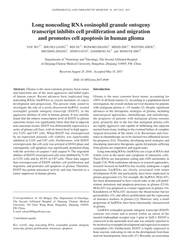 Long Noncoding RNA Eosinophil Granule Ontogeny Transcript Inhibits Cell Proliferation and Migration and Promotes Cell Apoptosis in Human Glioma