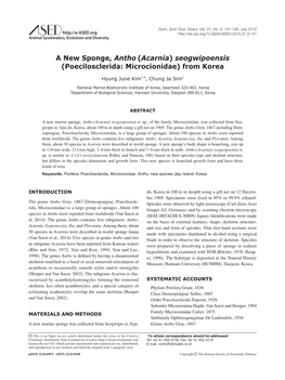 A New Sponge, Antho (Acarnia) Seogwipoensis (Poecilosclerida: Microcionidae) from Korea