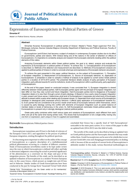 Expressions of Euroscepticism in Political Parties of Greece Eimantas K* Master’S in Political Science, Kaunas, Lithuania