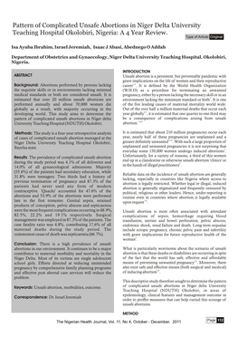 Pattern of Complicated Unsafe Abortions in Niger Delta University Teaching Hospital Okolobiri, Nigeria: a 4 Year Review