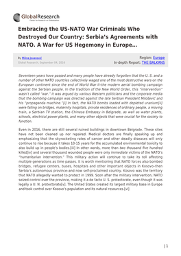 Embracing the US-NATO War Criminals Who Destroyed Our Country: Serbia’S Agreements with NATO