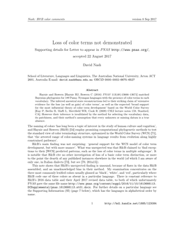 Loss of Color Terms Not Demonstrated Supporting Details for Letter to Appear in PNAS Accepted 22 August 2017