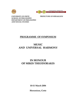 Music and Universal Harmony in Honour of Mikis Theodorakis