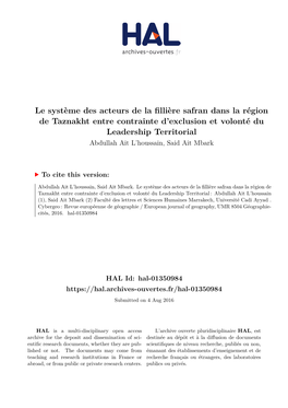 Le Système Des Acteurs De La Fillière Safran Dans La Région De Taznakht