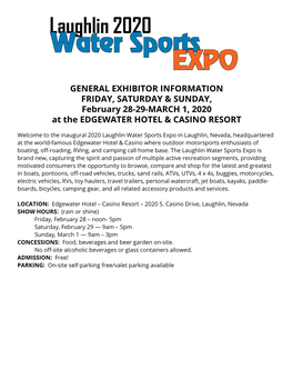 Water Sports EXPO GENERAL EXHIBITOR INFORMATION FRIDAY, SATURDAY & SUNDAY, February 28-29-MARCH 1, 2020 at the EDGEWATER HOTEL & CASINO RESORT
