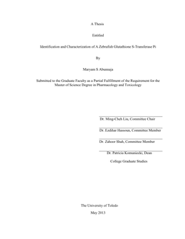 A Thesis Entitled Identification and Characterization of a Zebrafish