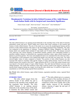 Morphometric Variations in Infra Orbital Foramen of Dry Adult Human South Indian Skulls with Its Surgical and Anaesthetic Significance