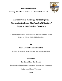 Antimicrobial Activity, Toxicological, Hematological and Biochemical Effects of Fagonia Cretica Linn in Sudan