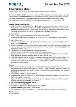 Visitor Information Sheet with Map of the Grimsel Test Site