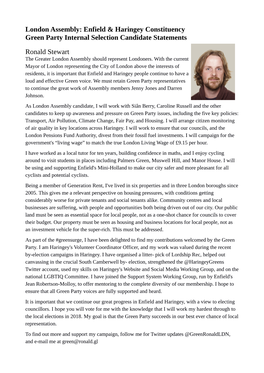 London Assembly: Enfield & Haringey Constituency Green Party Internal Selection Candidate Statements Ronald Stewart