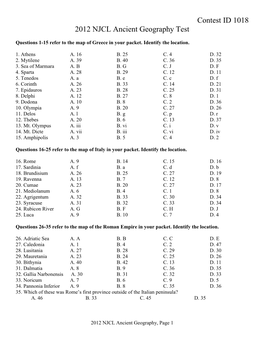 Contest ID 1018 2012 NJCL Ancient Geography Test