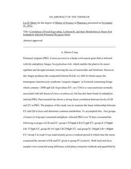 Correlation of Fecal Ergovaline, Lolitrem B, and Their Metabolites in Steers Fed Endophyte Infected Perennial Ryegrass Straw