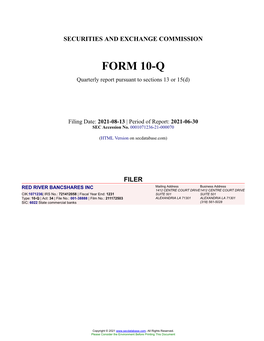RED RIVER BANCSHARES INC Form 10-Q Quarterly Report Filed