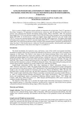 Length-Weight Relationships in Three Marketable Sized Mackerel Fish Species Collected from Karachi Fish Harbour, Pakistan