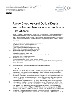 Above Cloud Aerosol Optical Depth from Airborne Observations in the South- East Atlantic Samuel E