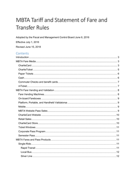 MBTA Tariff and Statement of Fare and Transfer Rules