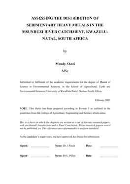 Assessing the Distribution of Sedimentary Heavy Metals in the Msunduzi River Catchment, Kwazulu- Natal, South Africa