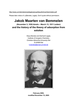 Jakob Maarten Van Bemmelen (November 3, 1830 Amelo – March 13, 1911 Leiden) and the History of the Theory of Adsorption from Solution
