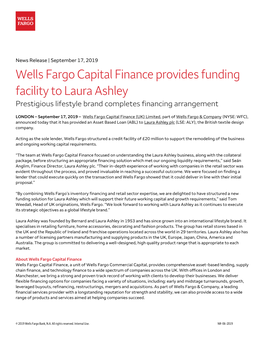 Wells Fargo Capital Finance Provides Funding Facility to Laura Ashley Prestigious Lifestyle Brand Completes Financing Arrangement