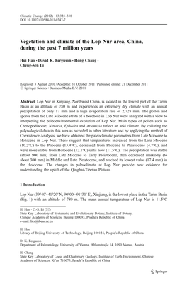 Vegetation and Climate of the Lop Nur Area, China, During the Past 7 Million Years