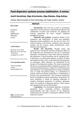 Food Dispersion Systems Process Stabilization. a Review