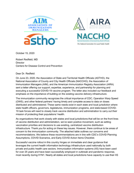 October 15, 2020 Robert Redfield, MD Director Centers for Disease Control and Prevention Dear Dr. Redfield: on June 23, 2020, Th