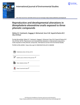 Reproductive and Developmental Alterations in Biomphalaria Alexandrina Snails Exposed to Three Phenolic Compounds