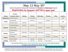 May 12-May 30* General Academic Advisement Schedule for Current and Returning Students