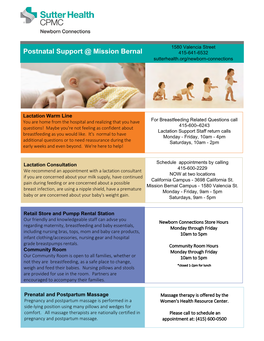 Postnatal Support @ Mission Bernal 415-641-6532 Sutterhealth.Org/Newborn-Connections