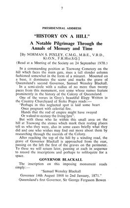 "HISTORY on a HILL" a Notable Pilgrimage Through the Annals of Memory and Time [By NORMAN S