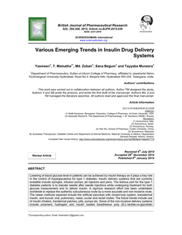 Various Emerging Trends in Insulin Drug Delivery Systems