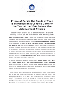 Prince of Persia the Sands of Time Is Rewarded Best Console Game of the Year at the 2004 Interactive Achievement Awards