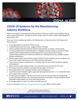 COVID-19 Guidance for the Manufacturing Industry Workforce