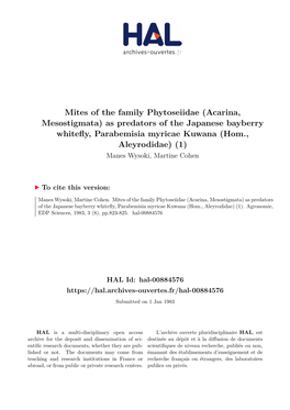 As Predators of the Japanese Bayberry Whitefly, Parabemisia Myricae Kuwana (Hom., Aleyrodidae) (1) Manes Wysoki, Martine Cohen