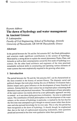 Keynote Address the Dawn of Hydrology and Water Management