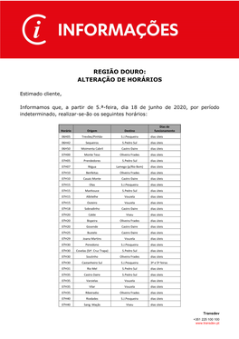 Região Douro: Alteração De Horários