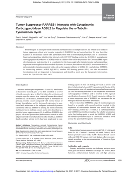 Tumor Suppressor RARRES1 Interacts with Cytoplasmic Carboxypeptidase AGBL2 to Regulate the A-Tubulin Tyrosination Cycle