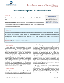 Malini V, Et Al. Self Assembly Peptides- Biomimetic Material. J Dental Sci Copyright© Malini V, Et Al