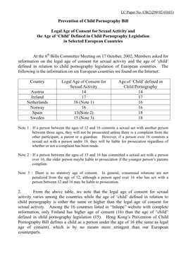 Legal Age of Consent for Sexual Activity and the Age of ‘Child’ Defined in Child Pornography Legislation in Selected European Countries