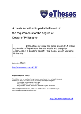 Thesis Submitted in Partial Fulfilment of the Requirements for the Degree of Doctor of Philosophy