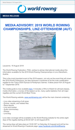 Media Advisory: 2019 World Rowing Championships, Linz-Ottensheim (Aut)