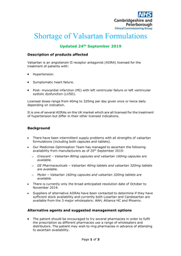 Shortage of Valsartan Formulations