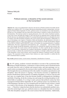 Political Sciences: a Discipline of the Social Sciences Or the Humanities?