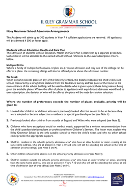 Ilkley Grammar School Admission Arrangements