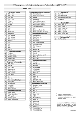 Wykaz Programów Telewizyjnych Dostępnych Na Platformie Cyfrowej ESPOL HDTV