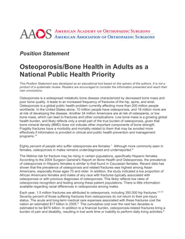 Osteoporosis/Bone Health in Adults As a National Public Health Priority