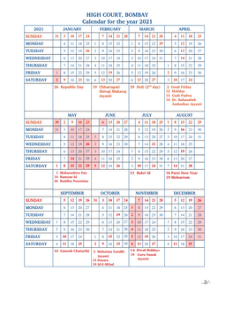 HIGH COURT, BOMBAY Calendar for the Year 2021