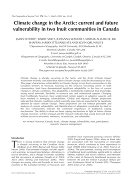 Climate Change in the Arctic: Current and Future Vulnerability in Two Inuit