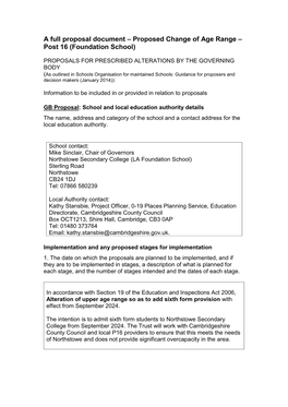 A Full Proposal Document – Proposed Change of Age Range – Post 16 (Foundation School)